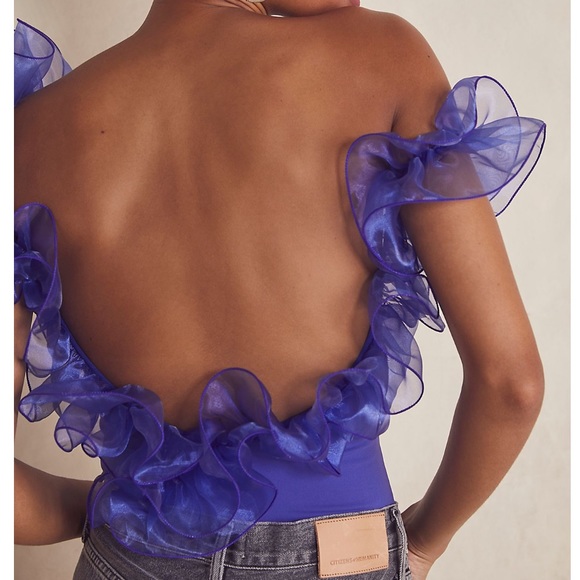 Free People Haute Wired Bodysuit Ruffles Tulle Trim Canyon Iris - Picture 2 of 6